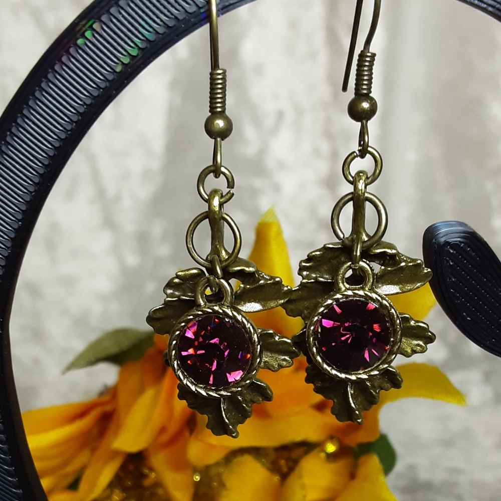 Handmade Autumn Fall Oak Leaf Earrings Bronze, Purple 2.5" Long